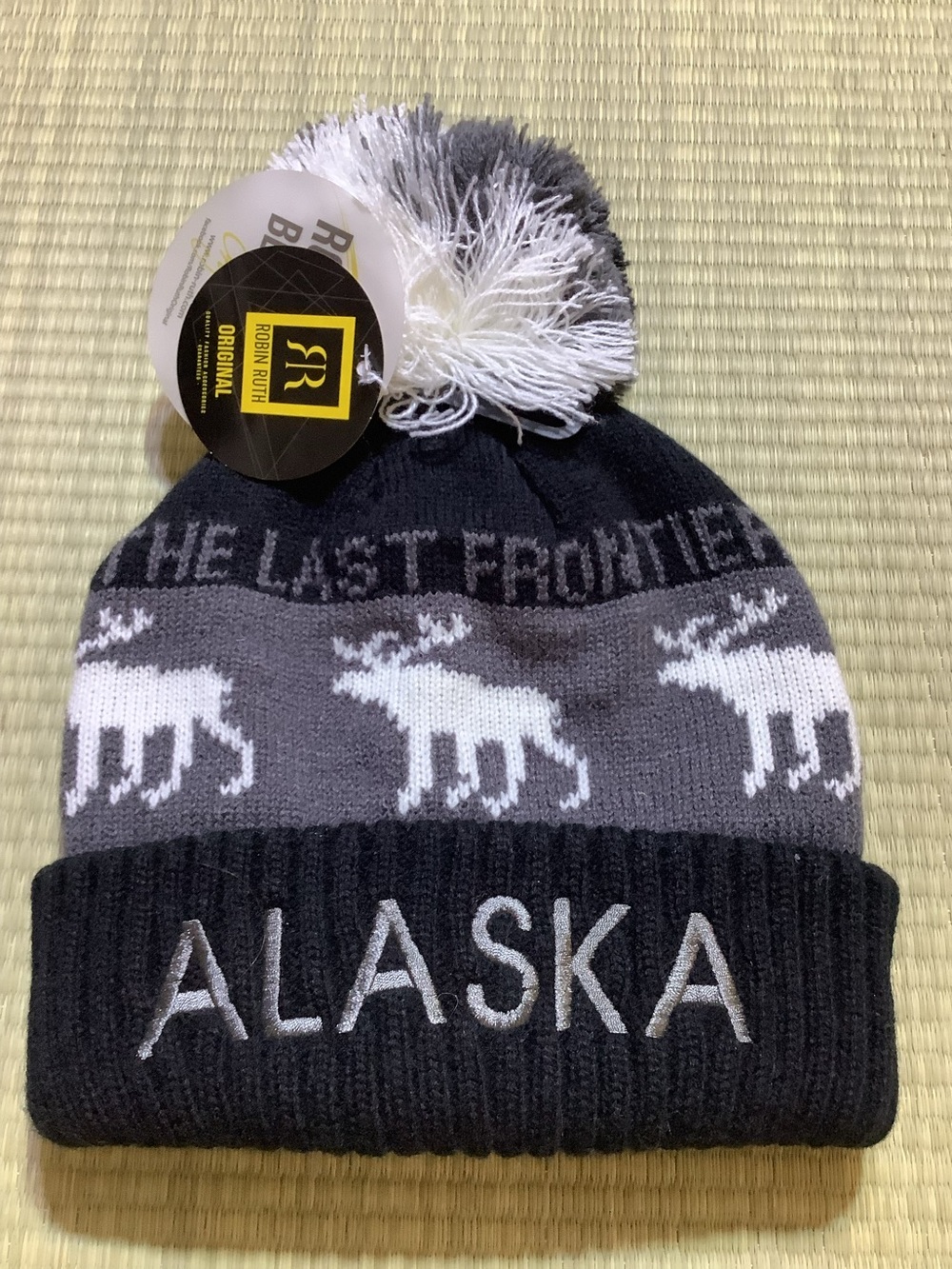 Robin Ruth Alaska Moose Hat Black Grey Pom Pom Beanie